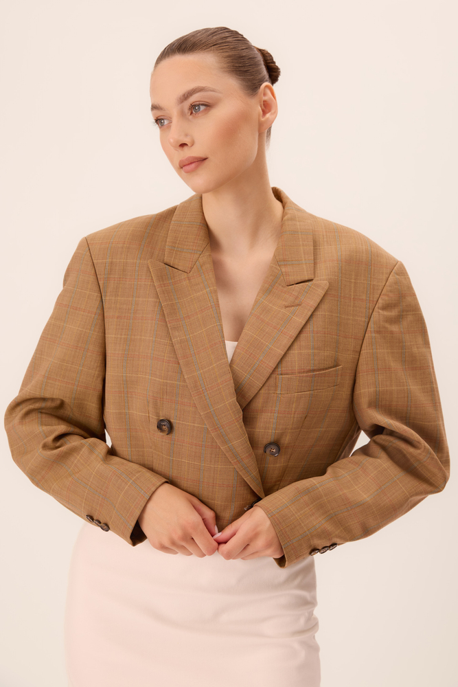 SHORT BEIGE STRAIGHT CHECKED JACKET MODEL No 4
