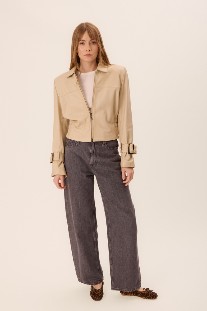 BEIGE SHORT SLEEVE JACKET WITH ZIPPER