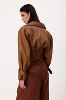 SHORT BROWN ADJUSTABLE WAIST PETITE LEATHER JACKET WITH ZIPPER AND BUCKLES