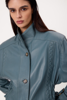 BLUE ADJUSTABLE WAIST TALL LEATHER JACKET WITH BUCKLES
