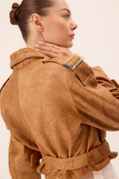 CARAMEL LEATHER JACKET WITH WAIST BELT AND DECORATIVE BUCKLES