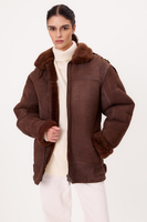 LONG BROWN NATURAL SHEEPSKIN COAT WITH A ZIPPER