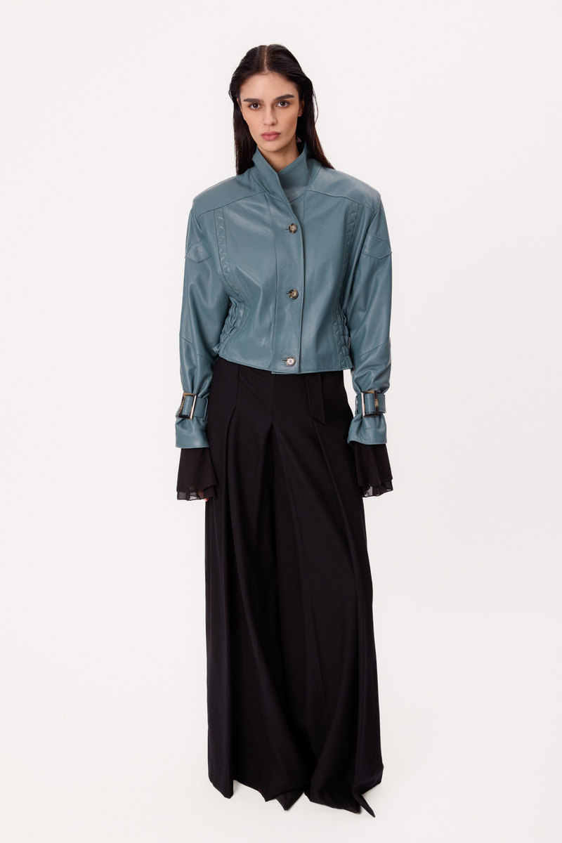 BLUE ADJUSTABLE WAIST TALL LEATHER JACKET WITH BUCKLES