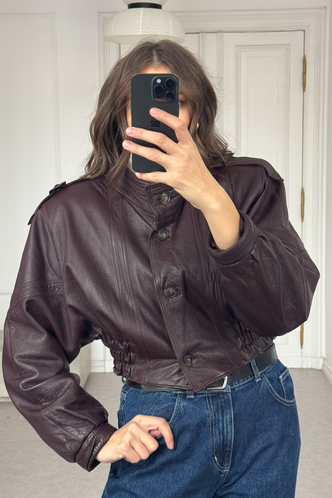 BURGUNDY ADJUSTABLE WAIST LEATHER JACKET