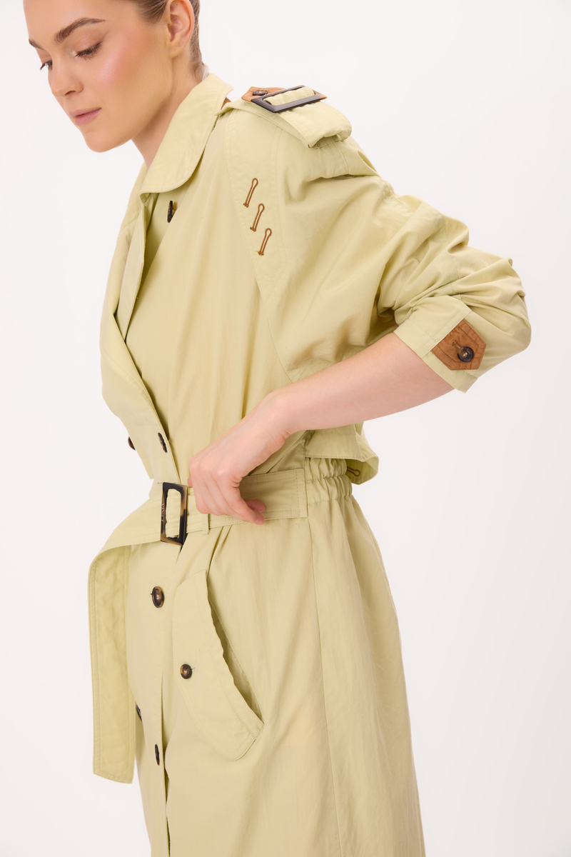 DŁUGI JASNOZIELONY MAXI TRENCH COAT REGULOWANY W TALII PŁASZCZ Z PASKIEM 
