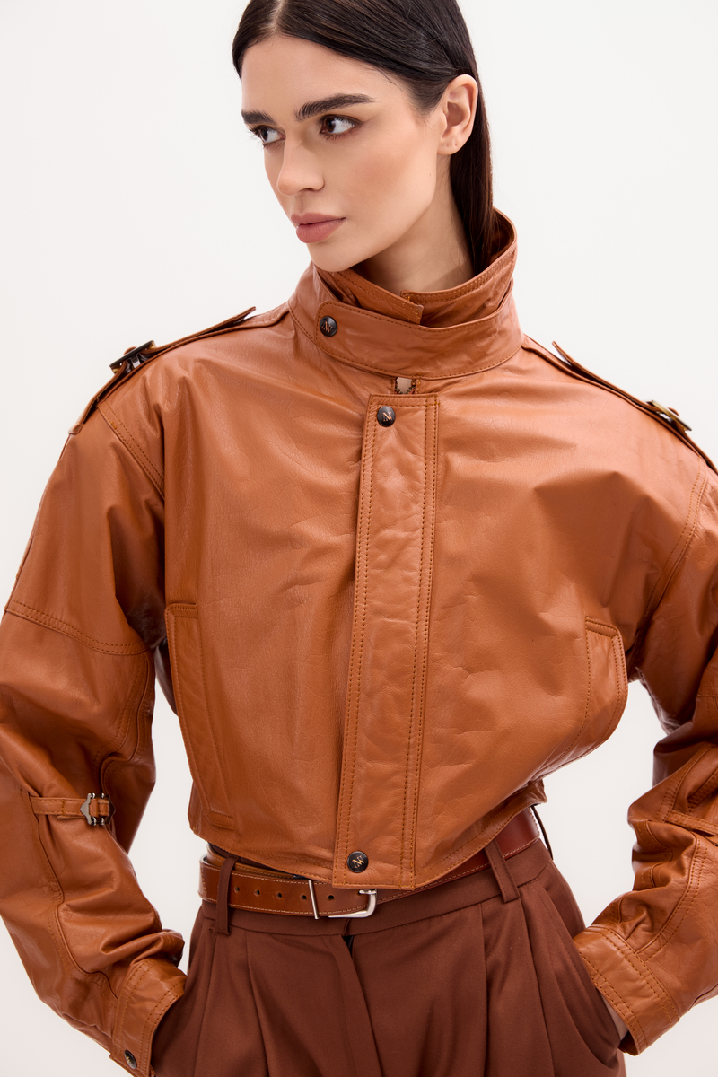 RED LEATHER BOMBER JACKET WITH HIGH COLLAR
