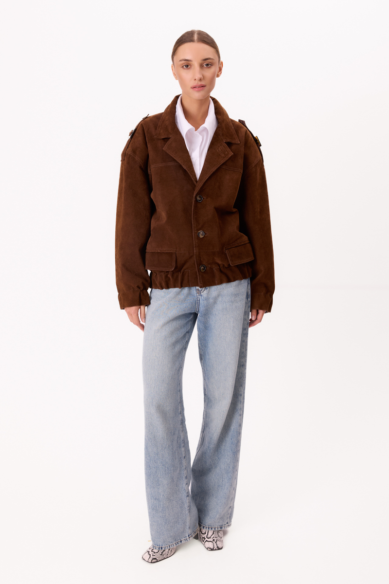 LONG BROWN SUEDE BOMBER JACKET