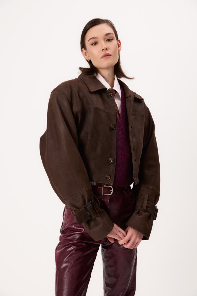 BROWN SUEDE LEATHER JACKET WITH BUCKLES