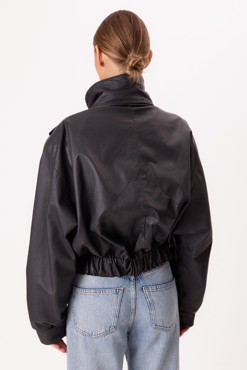 BLACK OVERSIZE LEATHER JACKET WITH HIGH COLLAR