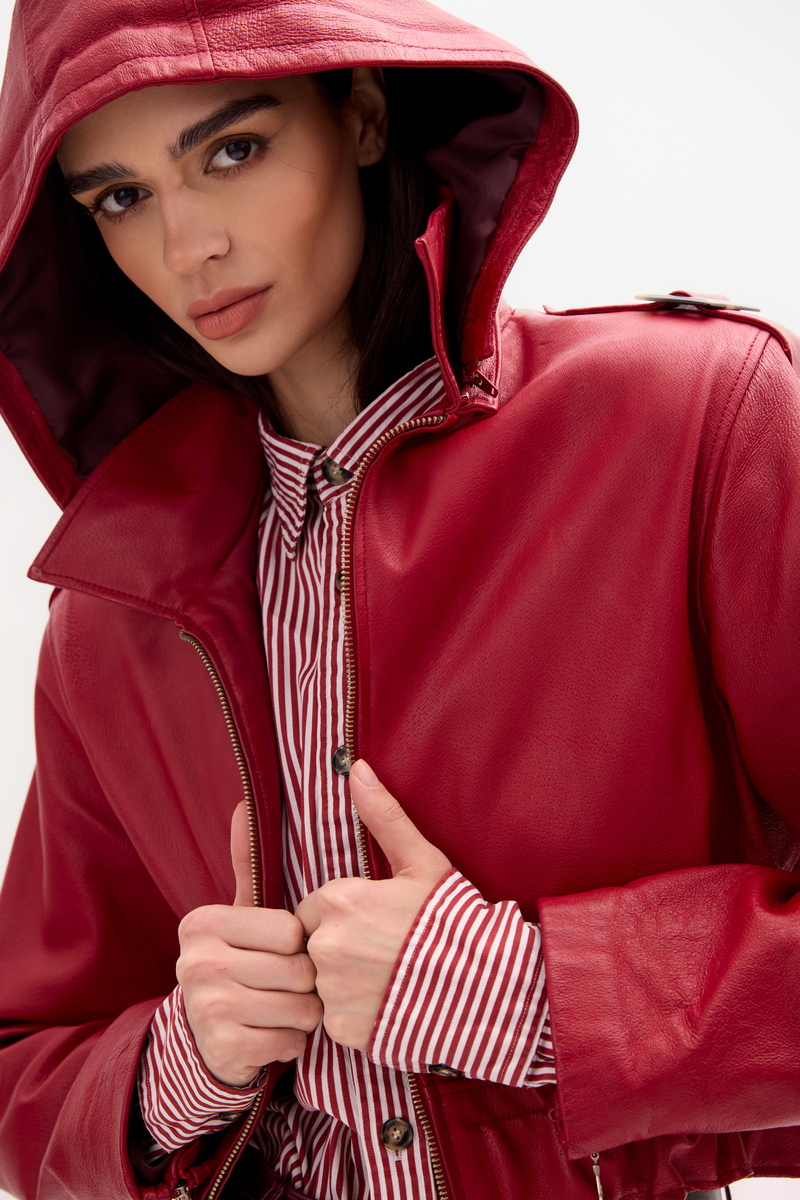 RED LEATHER JACKET WITH HOOD