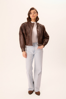 BROWN TEXTURED EMBELLISHED LEATHER JACKET