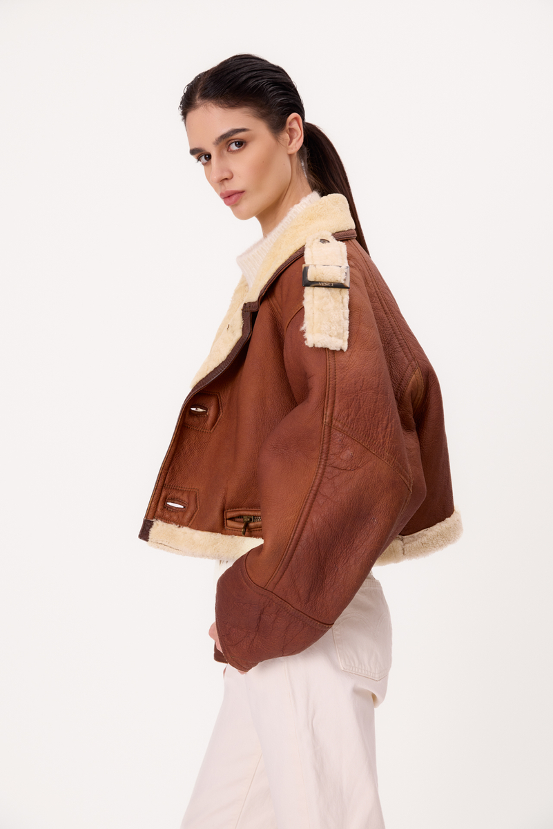 SHORT BROWN NATURAL SHEEPSKIN TALL COAT WITH WHITE FUR