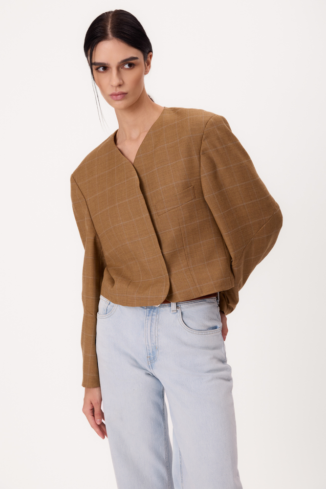 SHORT STRAIGHT REGULAR BEIGE JACKET WITH LIGHT CHECK MODEL No9