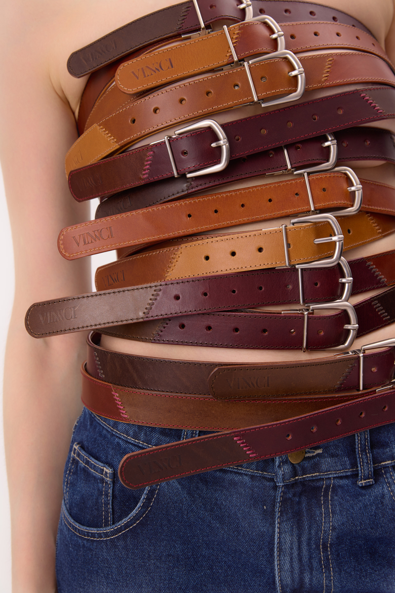 REVERSIBLE LEATHER BELT WITH TURNING BUCKLE – PATCHWORK RED-LIGHT BROWN / CHOCOLATE-BURGUNDY