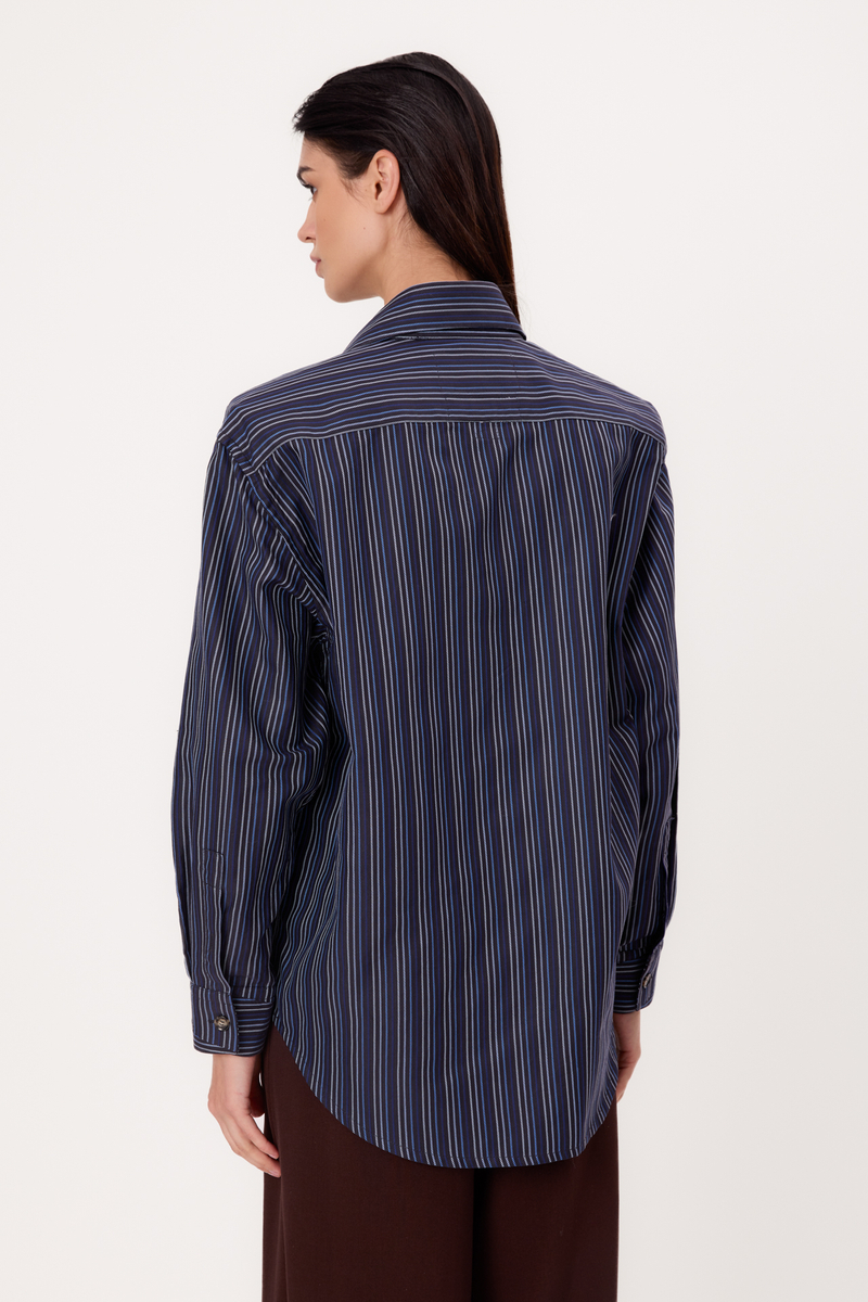 NAVY BLUE STRIPED OVERSIZED REGULAR SHIRT WITH DETACHABLE PADS