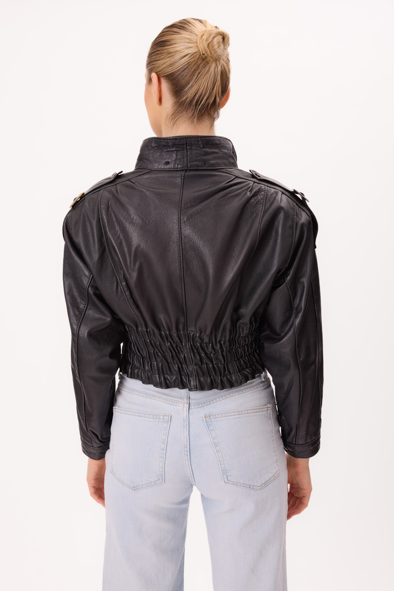 SHORT WAISTED BLACK LEATHER JACKET WITH MANDARIN COLLAR