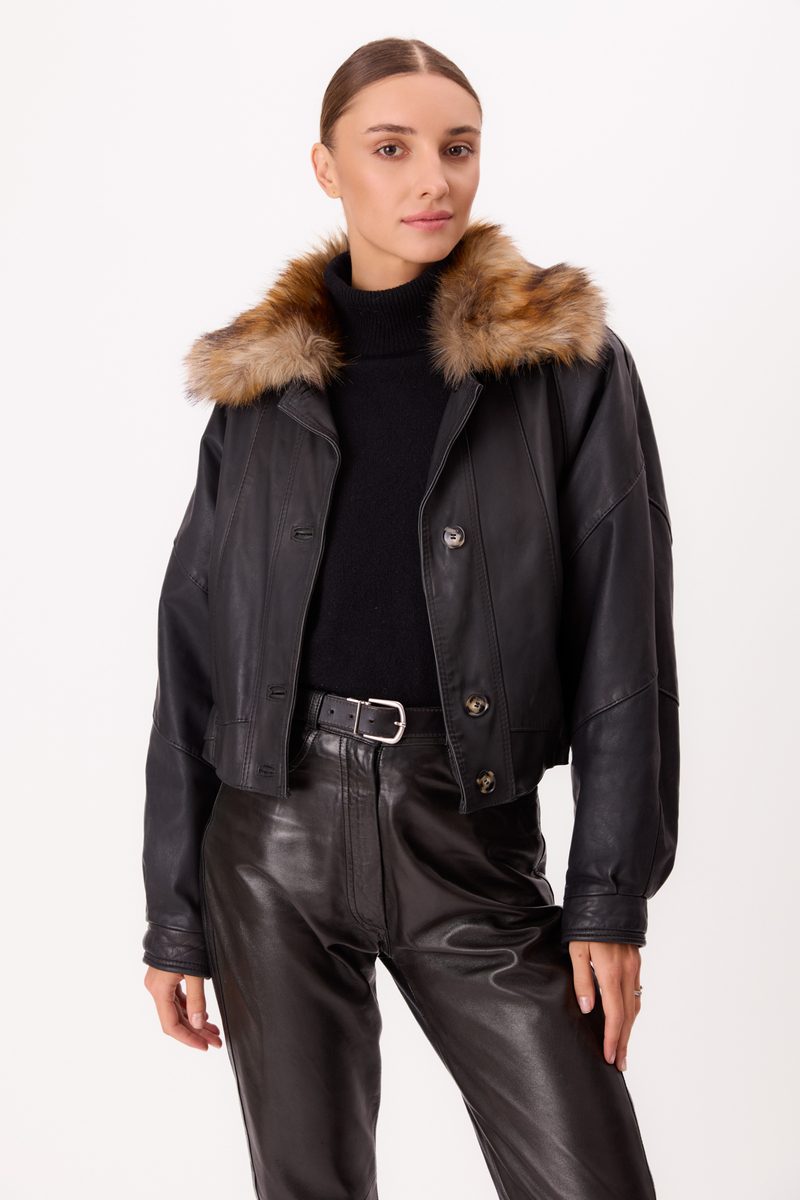 BLACK LEATHER JACKET WITH DETACHABLE FUR COLLAR