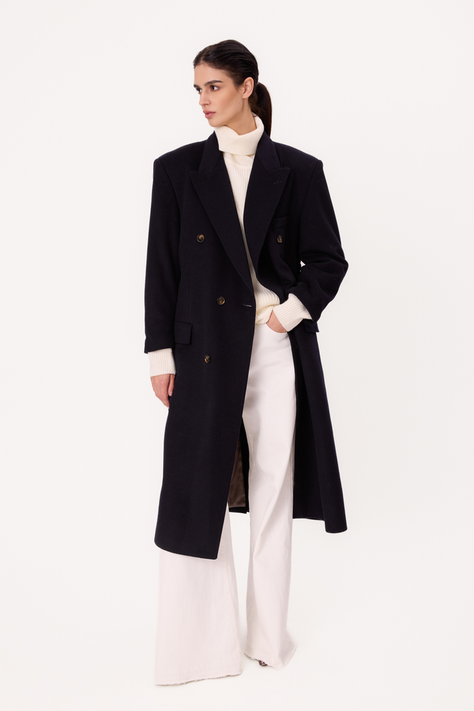 MIDI DARK NAVY BLUE ADJUSTABLE WAIST WOOL COAT