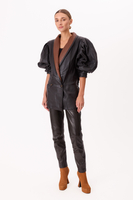 LONG BLACK AND BROWN FITTED LEATHER JACKET WITH WIDE SHOULDER