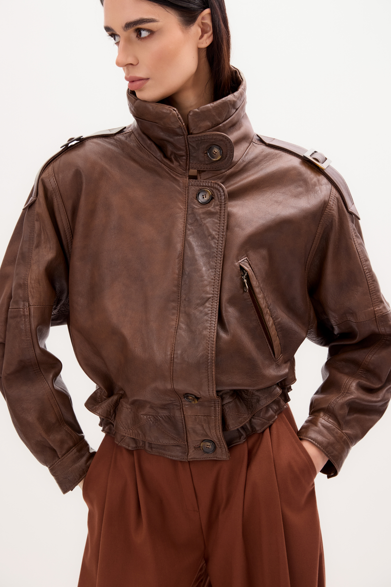CHOCOLATE LEATHER BOMBER JACKET WITH HIGH COLLAR