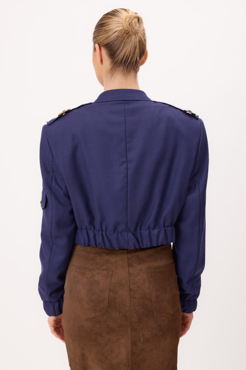 SHORT PLAIN CORNFLOWER BLUE BOMBER JACKET