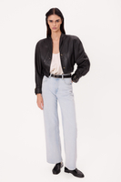 SHORT BLACK LEATHER PETITE BOMBER JACKET WITH BUCKLES