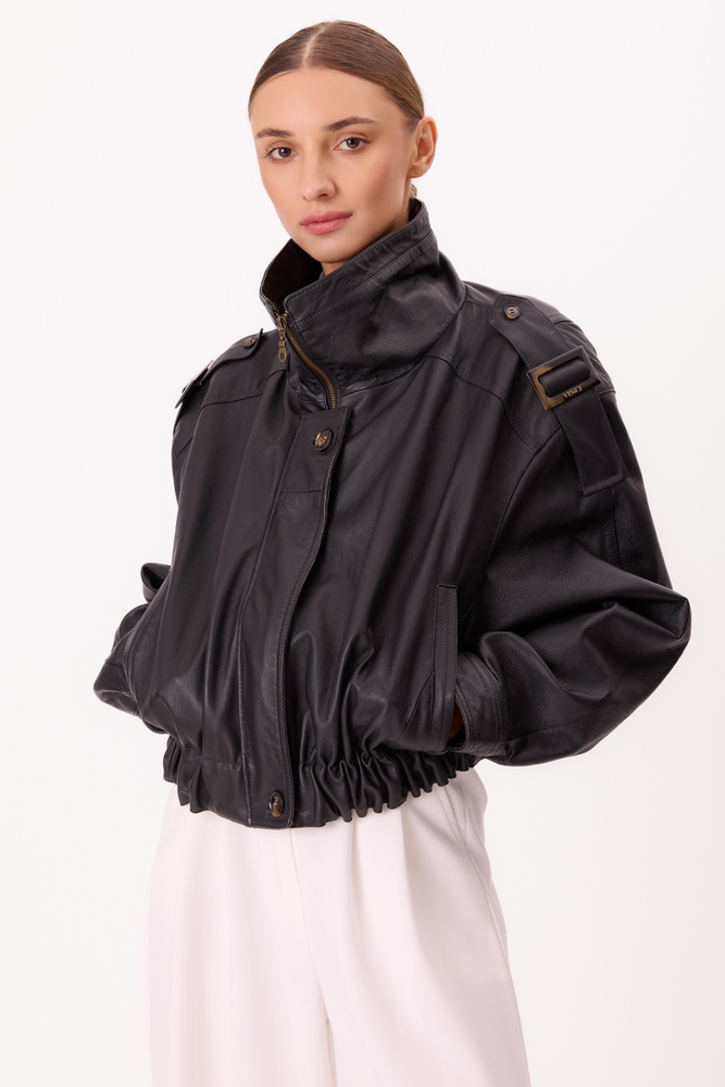 BLACK LEATHER JACKET WITH EPAULOS AND HIGH COLLAR