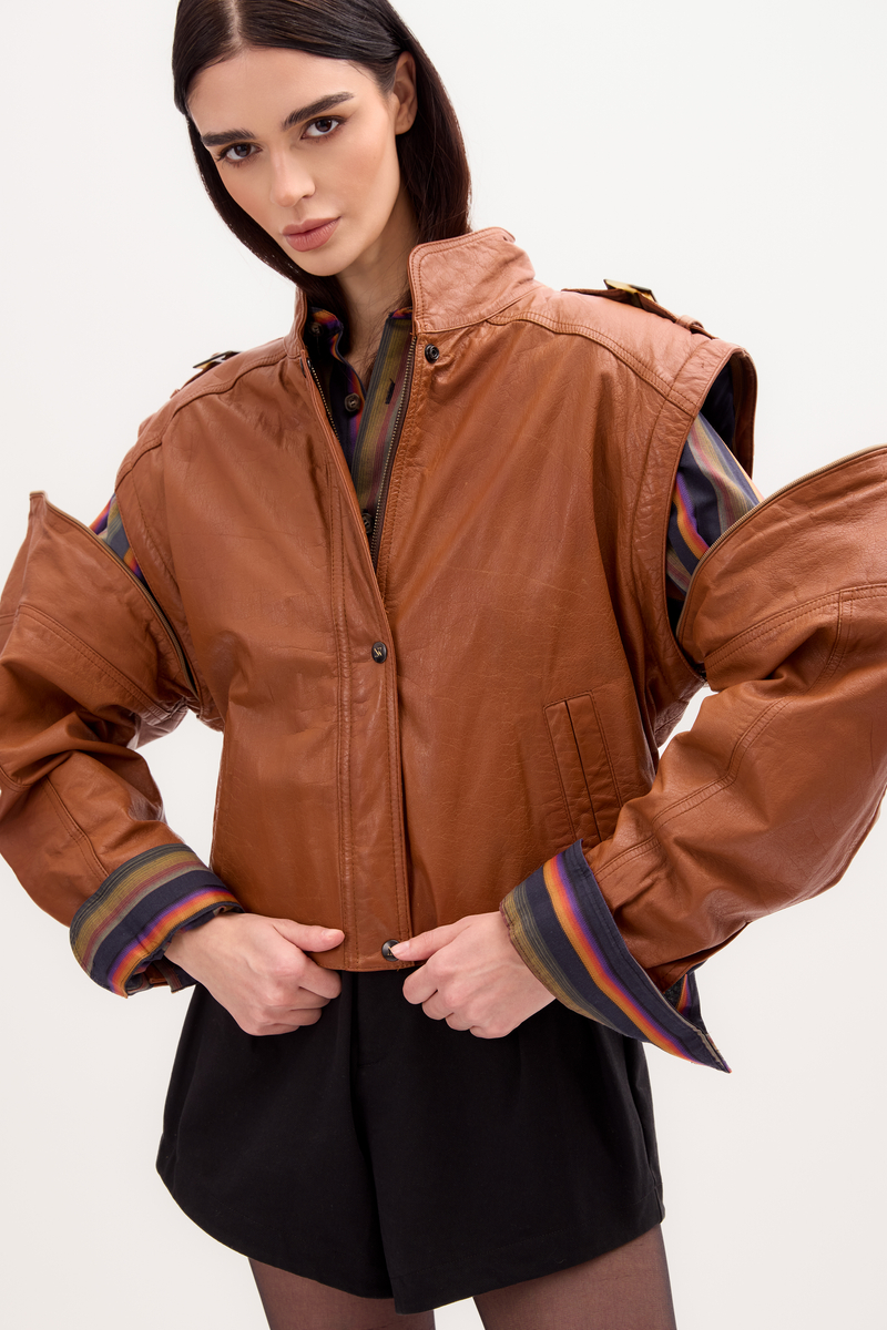 CAMEL LEATHER JACKET WITH DETACHABLE SLEEVES