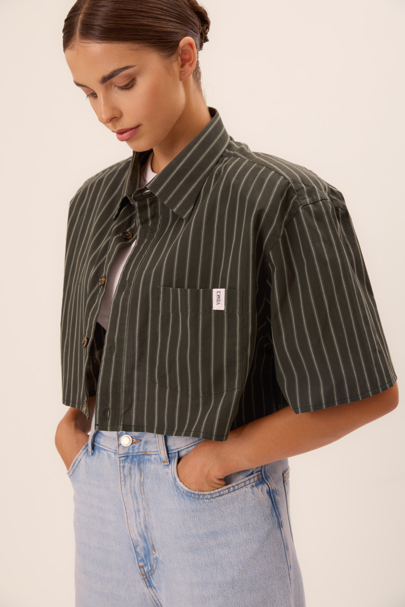 DARK GREEN STRIPED SHORT SHIRT WITH DETACHABLE SHOULDER PADS