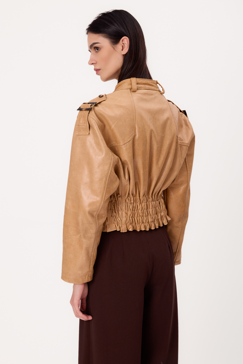 BEIGE ADJUSTABLE WAIST  PETITE LEATHER JACKET