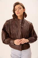 BROWN TEXTURED EMBELLISHED LEATHER JACKET