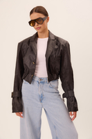 BLACK LEATHER JACKET WITH DECORATIVE BUCKLES IN CUT No5