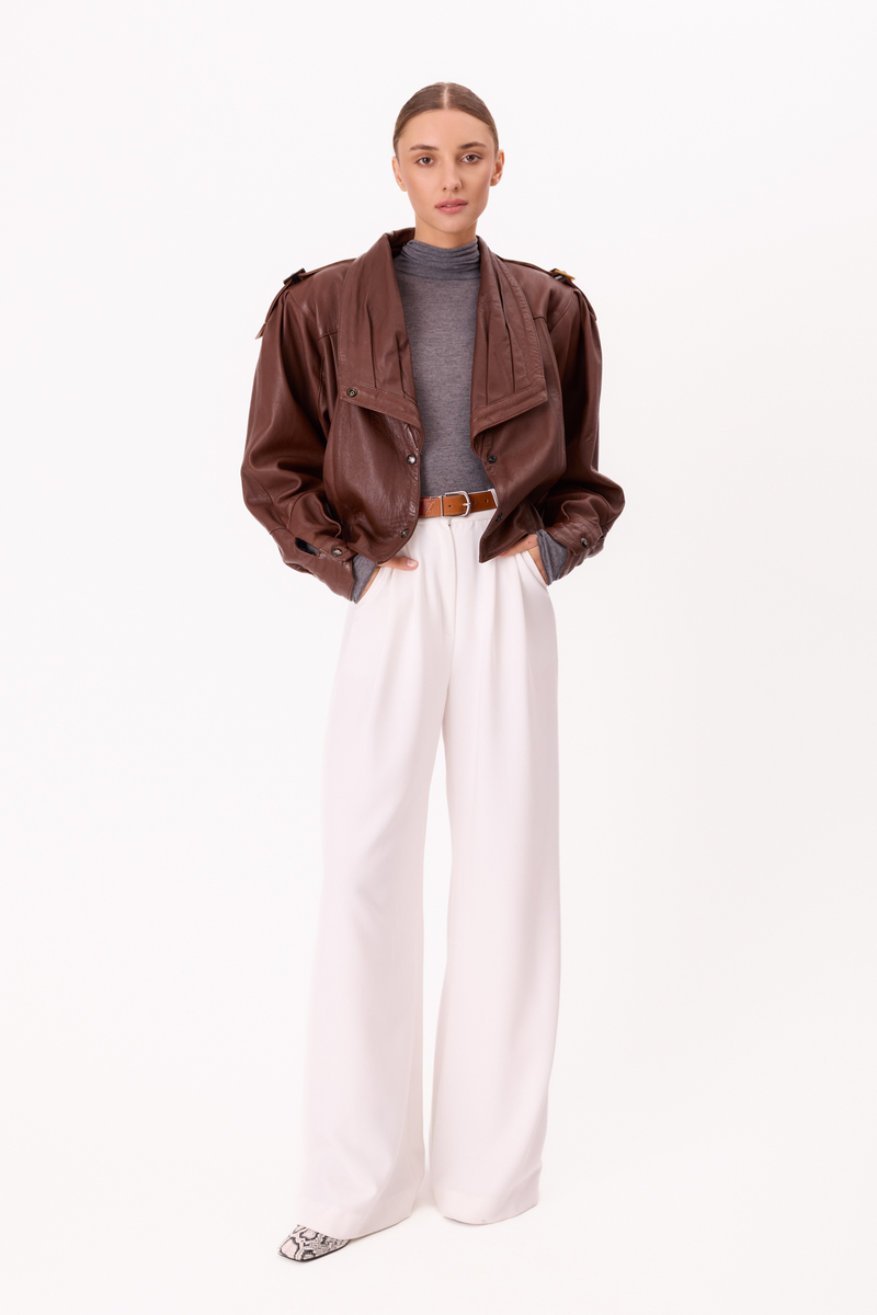 BROWN LEATHER JACKET WITH HIGH ASYMMETRICAL COLLAR