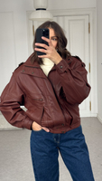 BROWN LEATHER JACKET WITH HIGH COLLAR