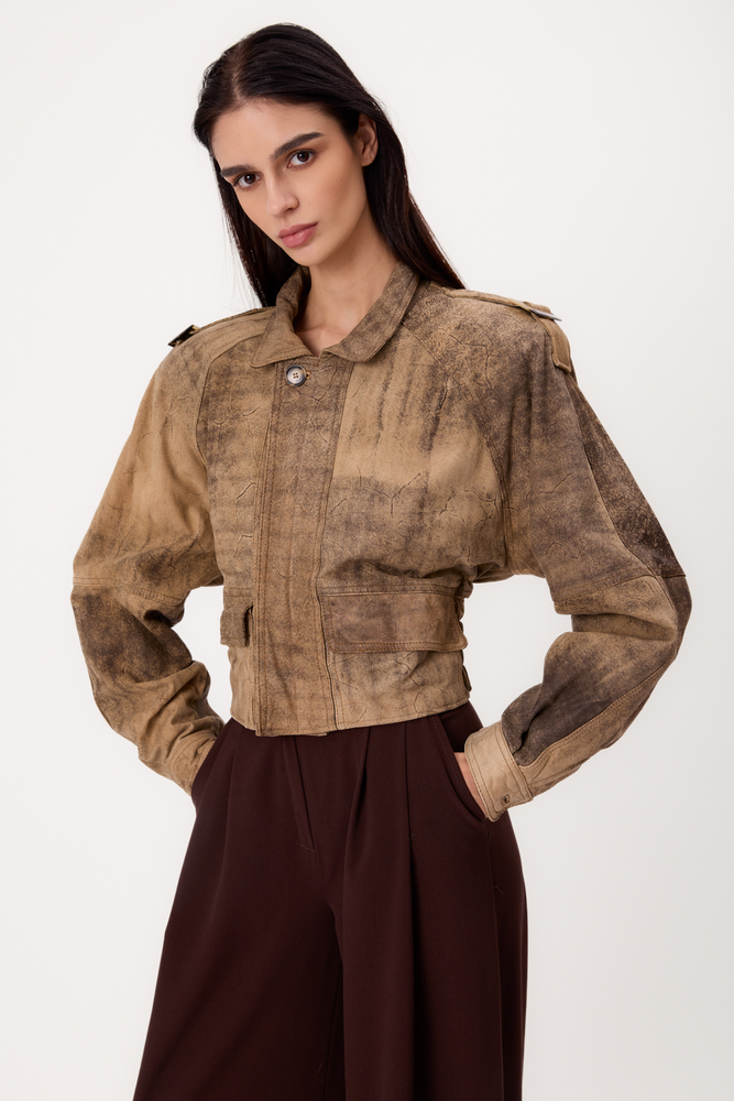 SHORT BEIGE ADJUSTABLE WAIST DIPPED PETITE LEATHER JACKET