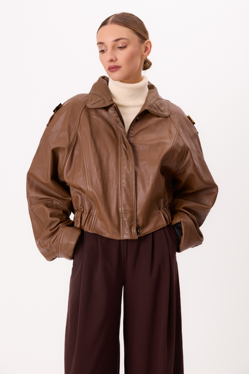 CARAMEL LEATHER BOMBER JACKET