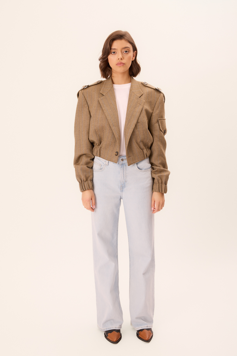 BEIGE HERRINGBONE BOMBER JACKET