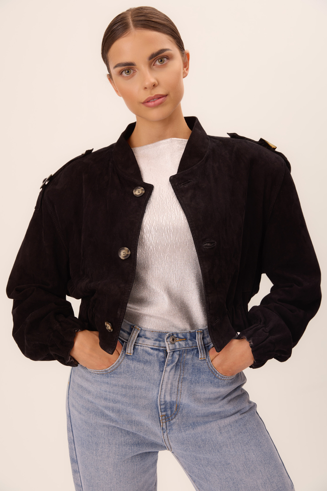 BLACK VELVET SHORT BOMBER JACKET WITH SHOULDER ELEMENTS