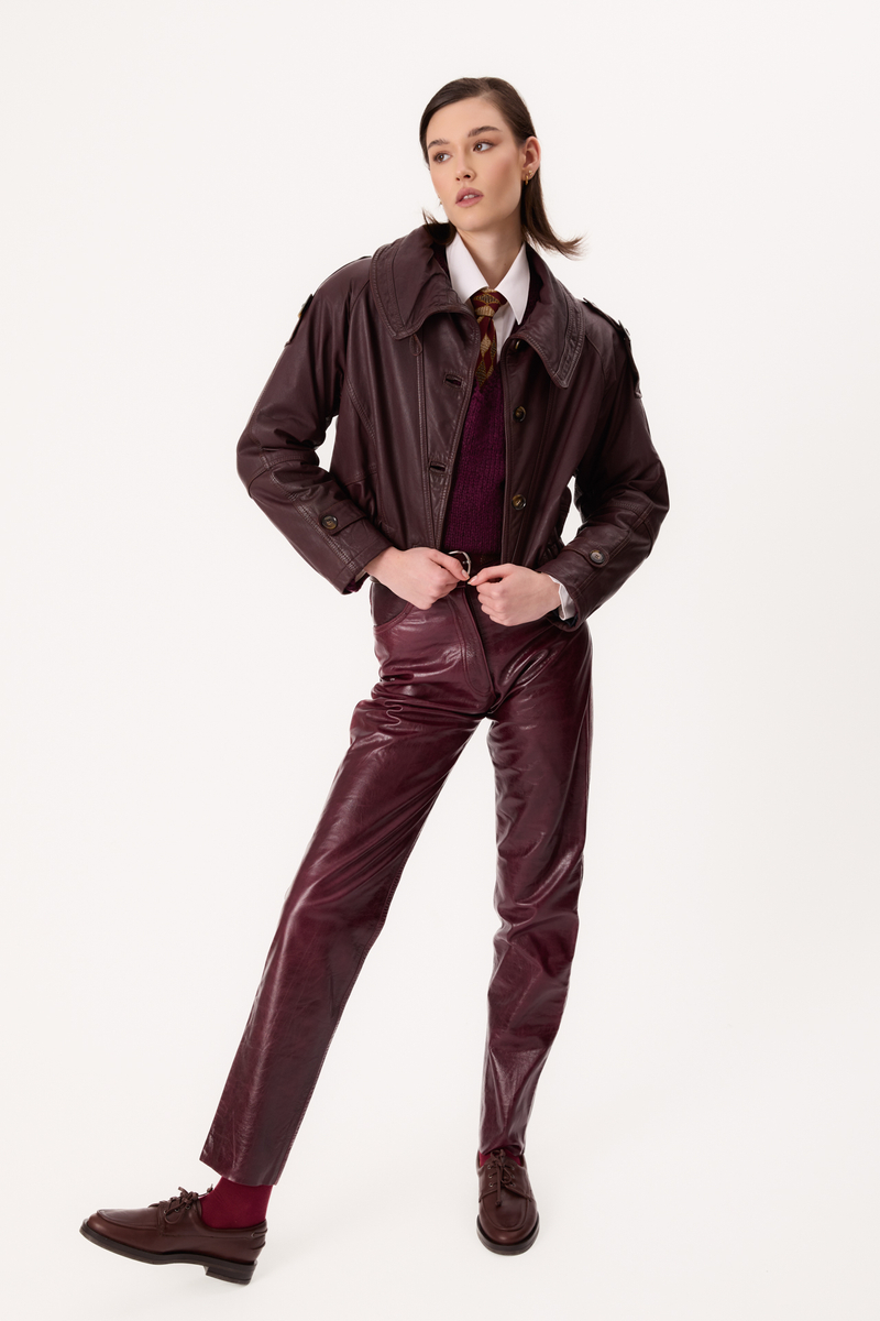PLUM BOMBER LEATHER JACKET
