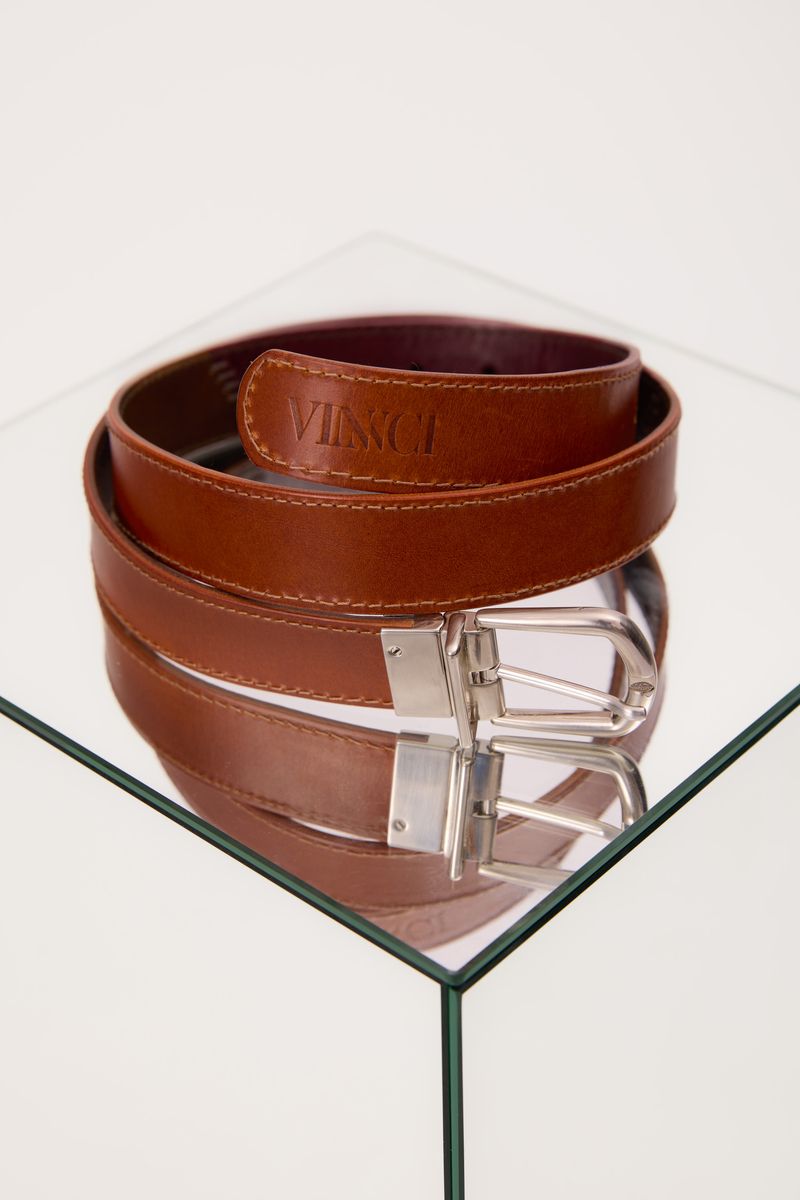 REVERSIBLE LEATHER BELT WITH TURNING BUCKLE – PATCHWORK RED-LIGHT BROWN / CHOCOLATE-BURGUNDY