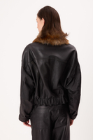 BLACK LEATHER JACKET WITH DETACHABLE FUR COLLAR