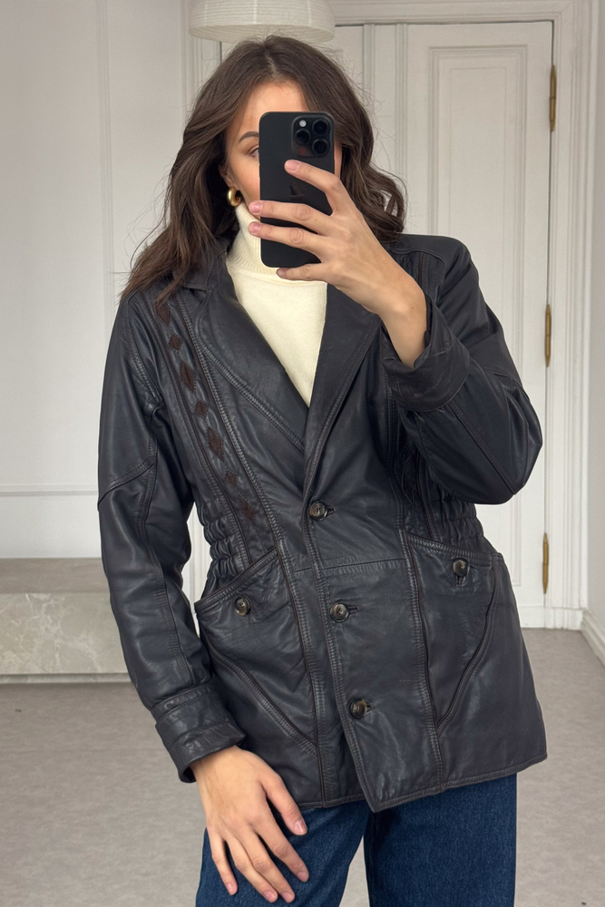 LONG WAISTED LEATHER JACKET WITH DECORATIVE EMBOSSING