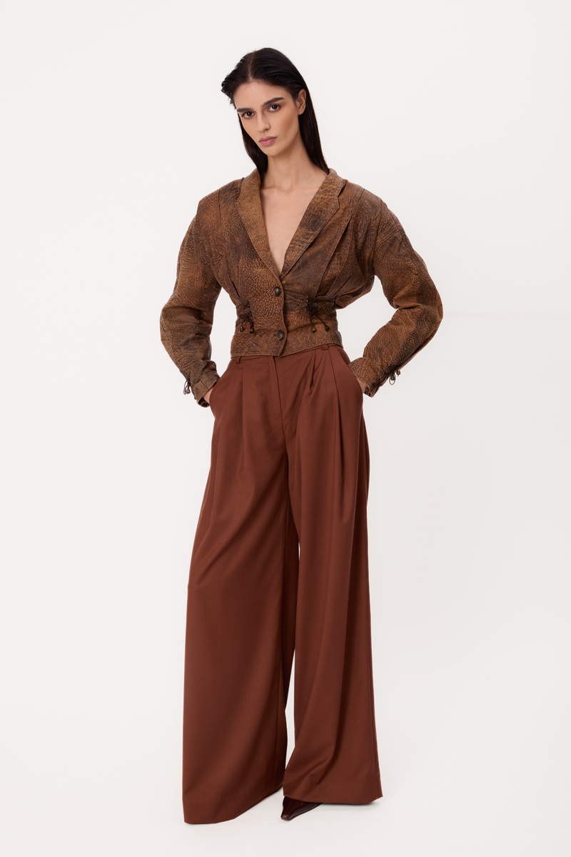 SHORT BROWN ADJUSTABLE WAIST EMBELLISHED PETITE LEATHER JACKET