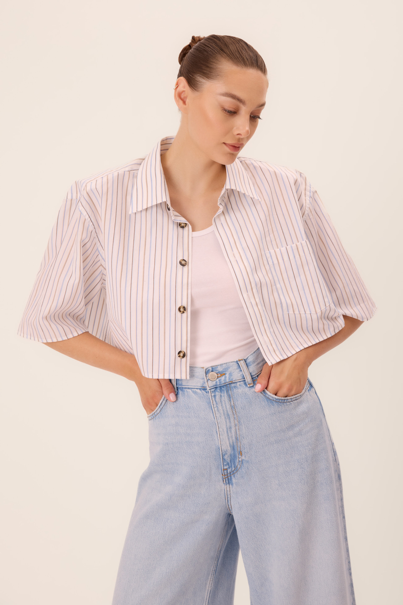 WHITE COTTON SHORT STRIPED SHIRT WITH DETACHABLE SHOULDER PADS