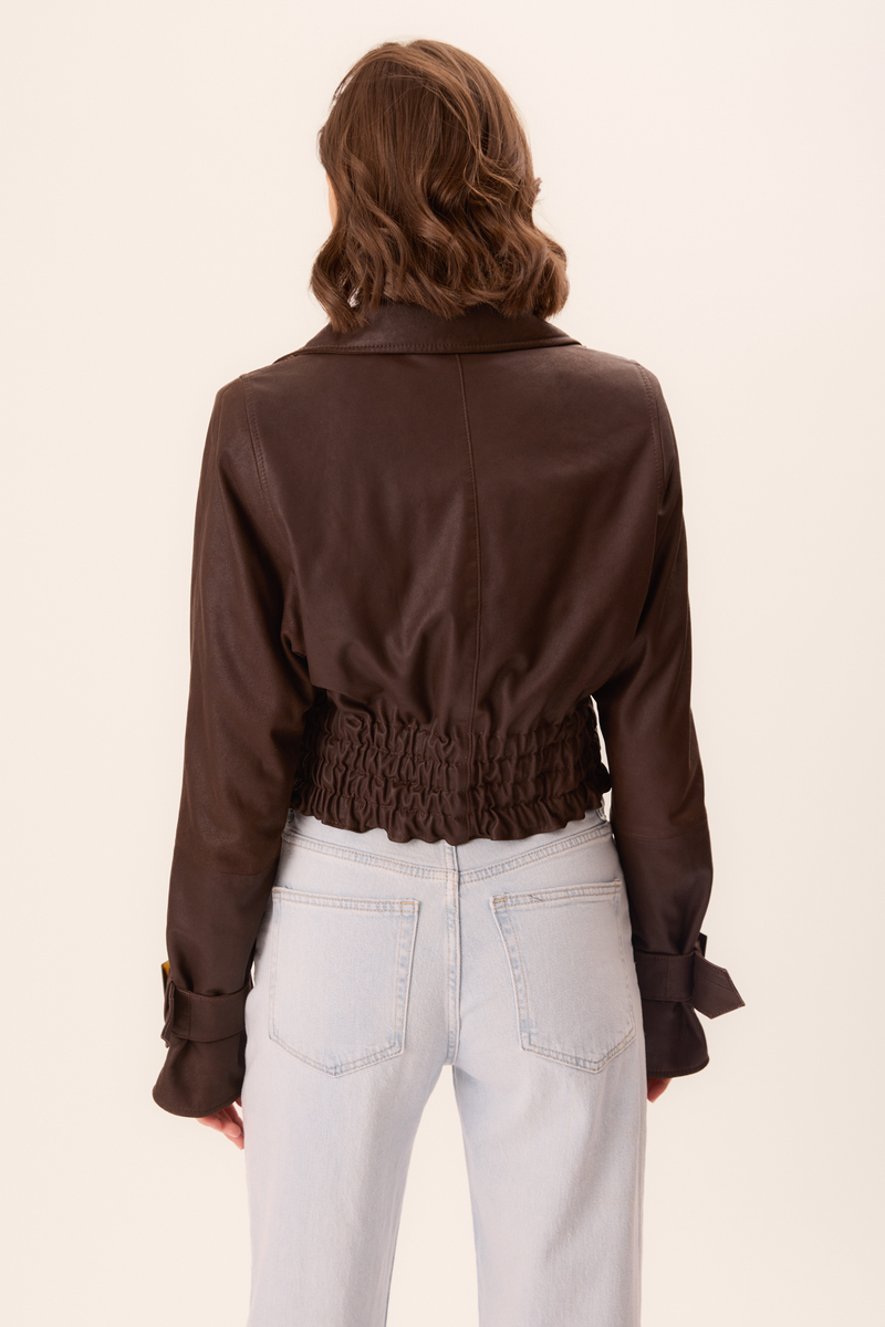 CHOCOLATE FITTED LEATHER JACKET WITH BUCKLES
