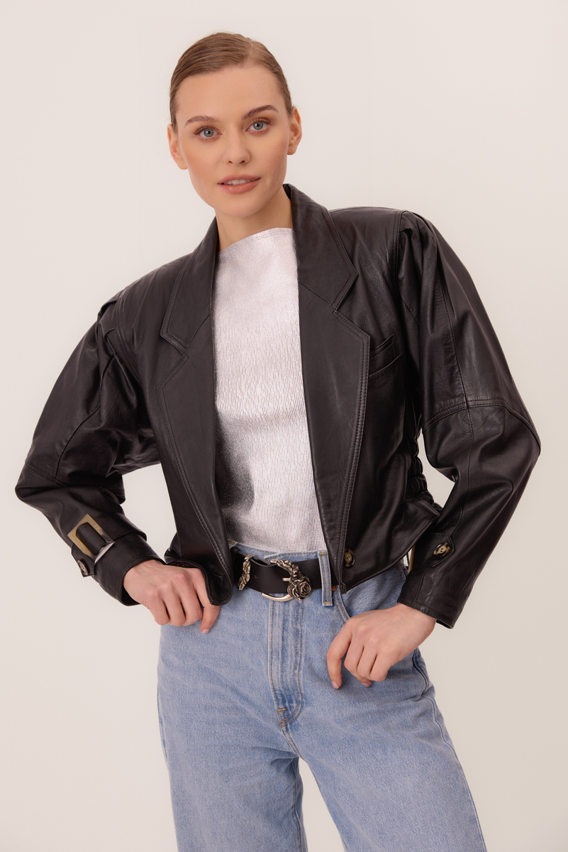 BLACK SHORT WAISTED LEATHER JACKET