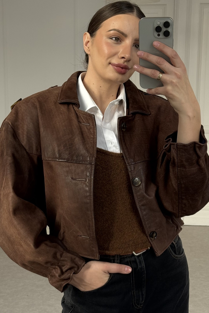 BROWN DIPPED LEATHER JACKET WITH EPADS