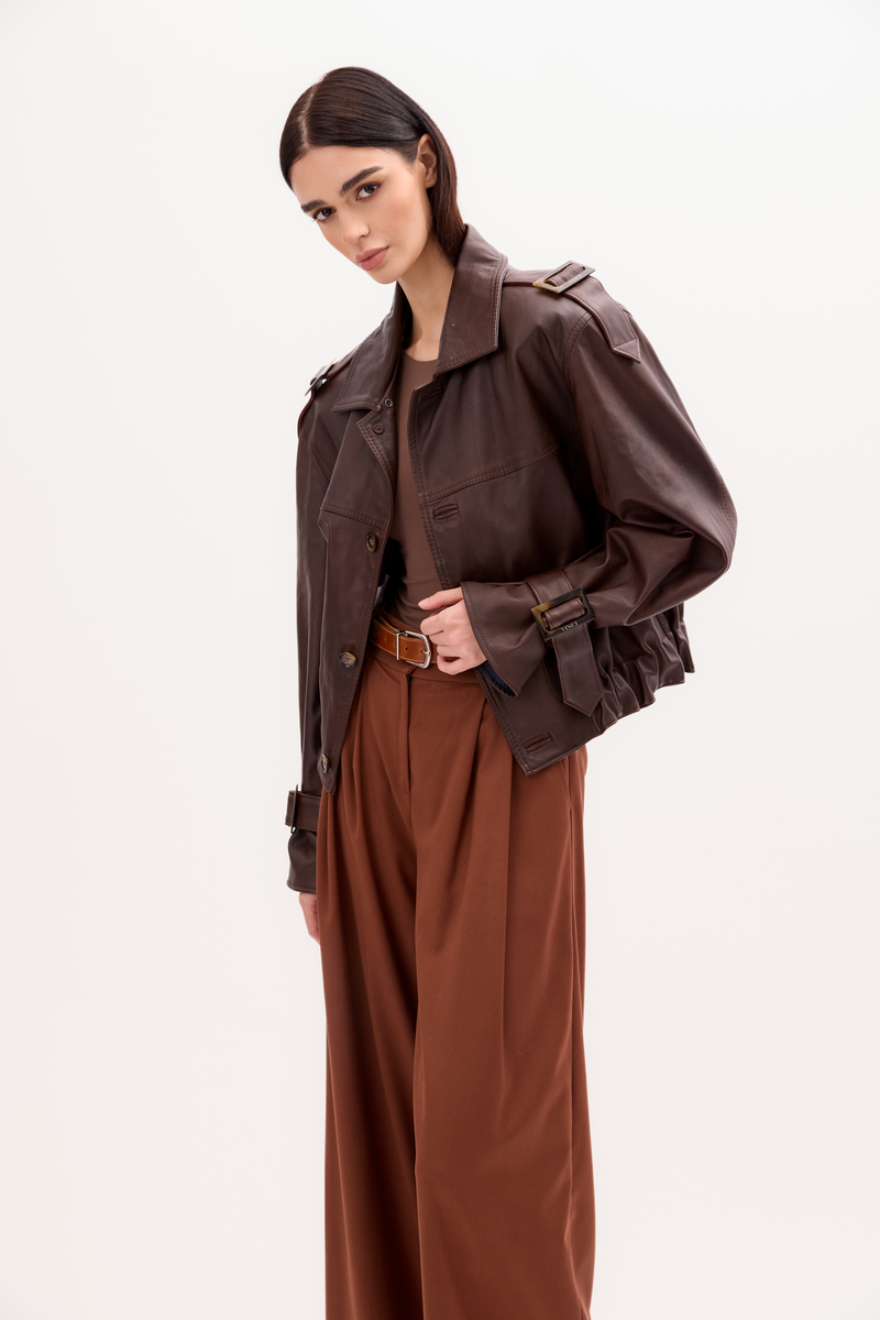 BROWN LEATHER BOMBER JACKET