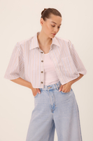 WHITE COTTON SHORT STRIPED SHIRT WITH DETACHABLE SHOULDER PADS