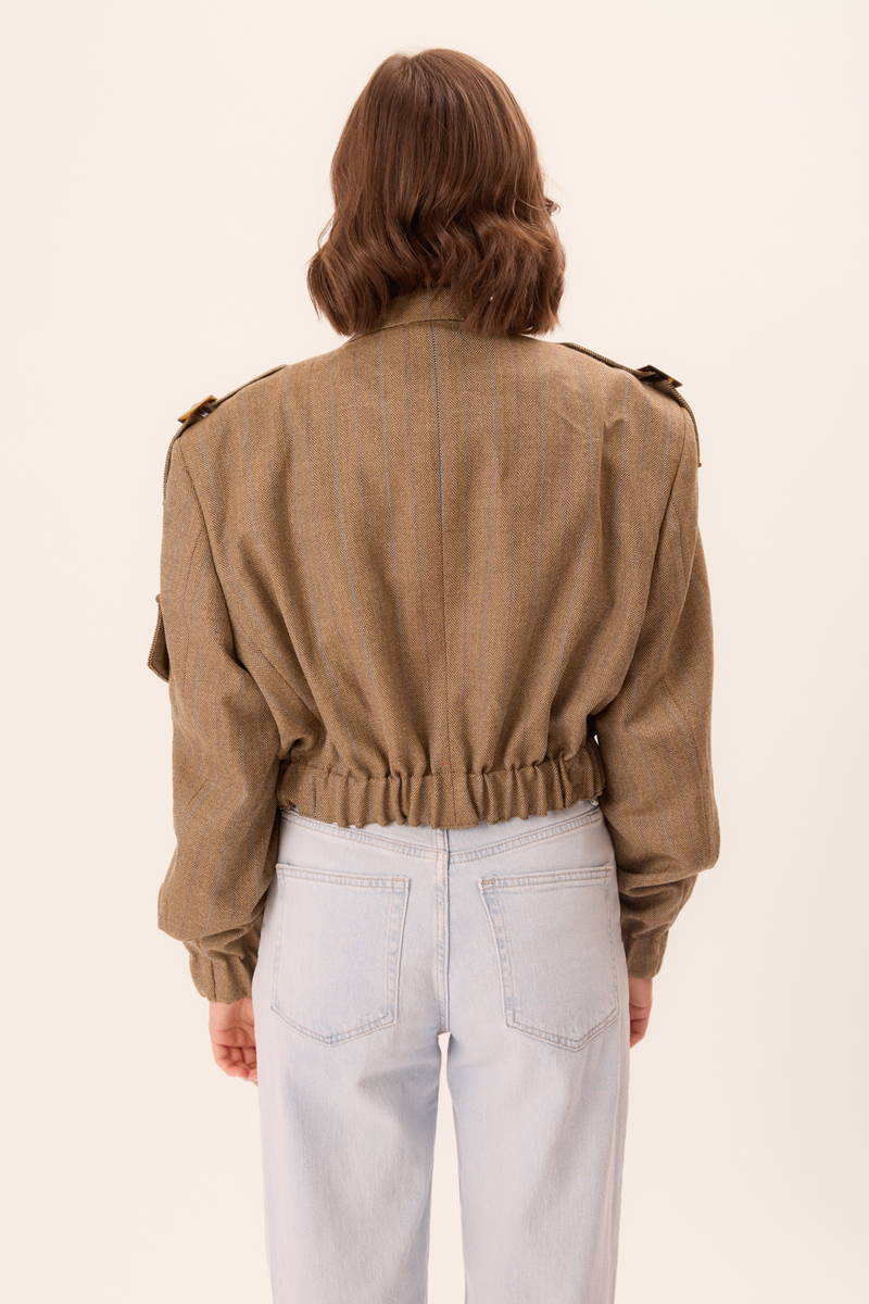 BEIGE HERRINGBONE BOMBER JACKET